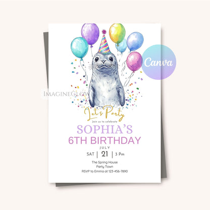Birthday invitation card with a seal wearing a party hat and balloons
