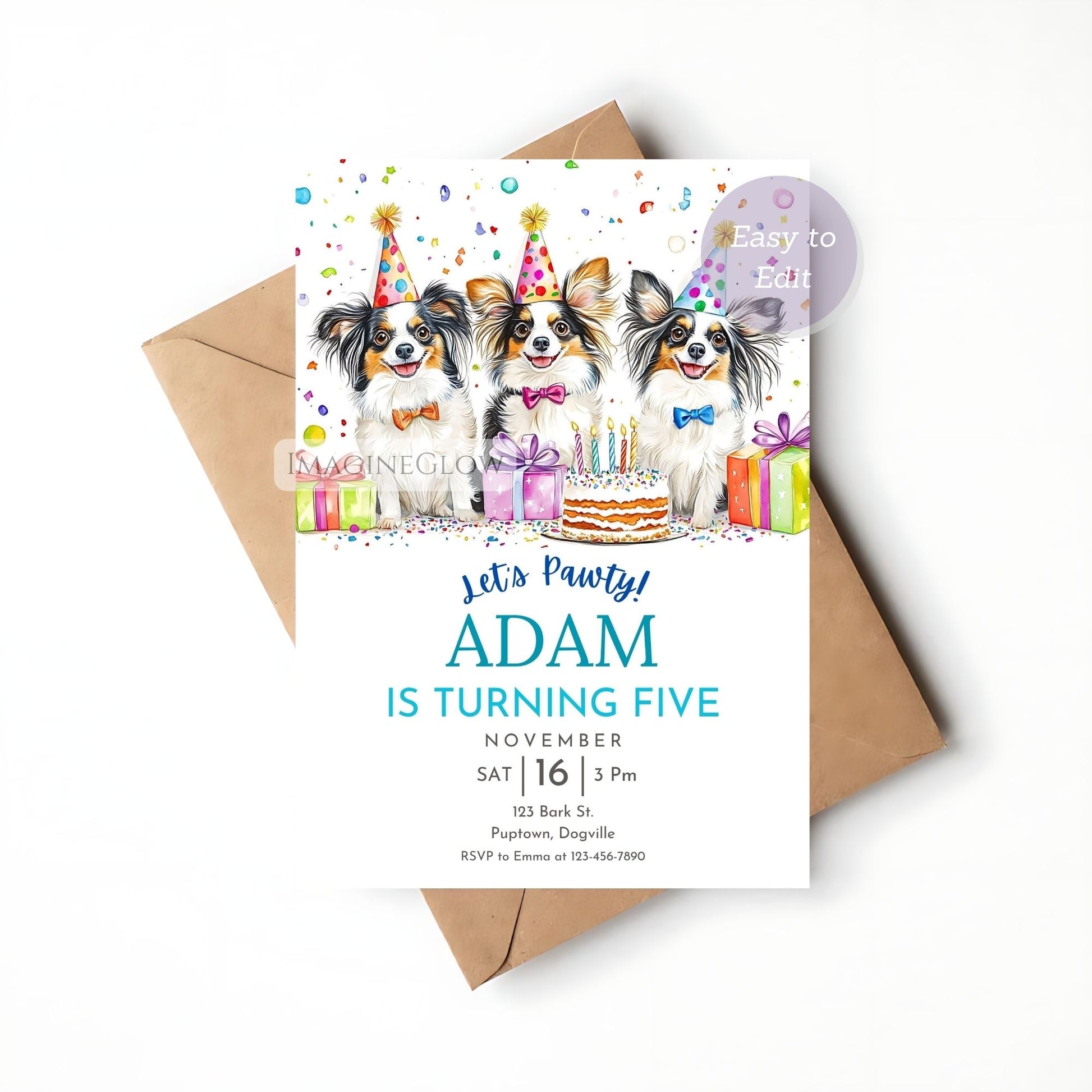 papillon dog birthday invitation
editable papillon party invite
papillon puppy birthday card
cute dog invite digital template
