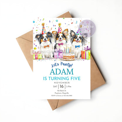 papillon dog birthday invitation
editable papillon party invite
papillon puppy birthday card
cute dog invite digital template
