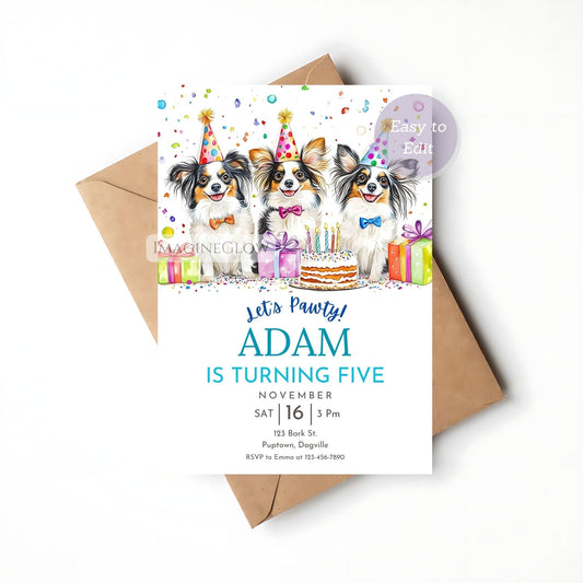 papillon dog birthday invitation
editable papillon party invite
papillon puppy birthday card
cute dog invite digital template
