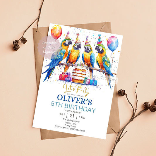 Parrot birthday invitation for kids party
Printable jungle parrot party invite
