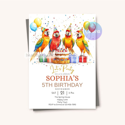 Colorful bird birthday invitation for kids

