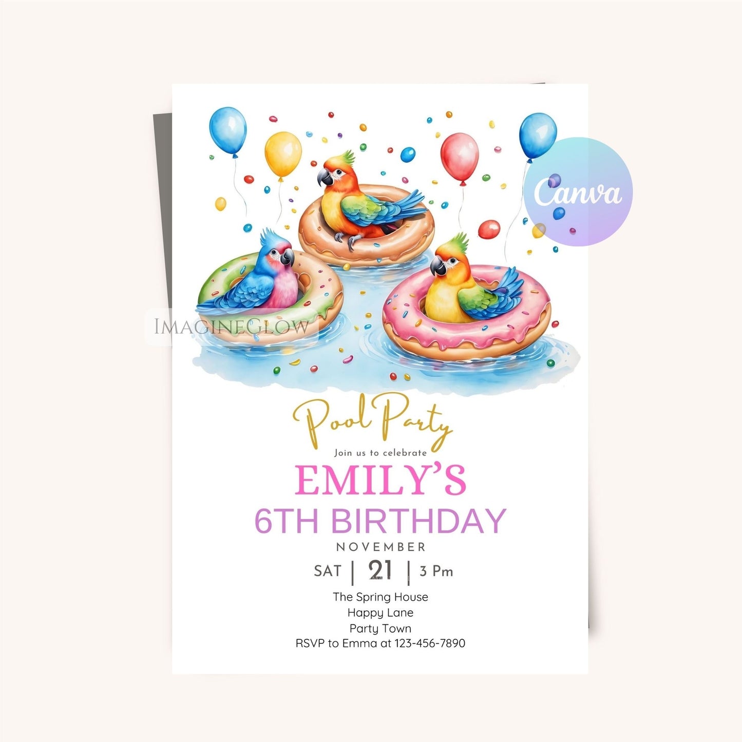 Colorful bird pool party invite
Fun parrots birthday party template
