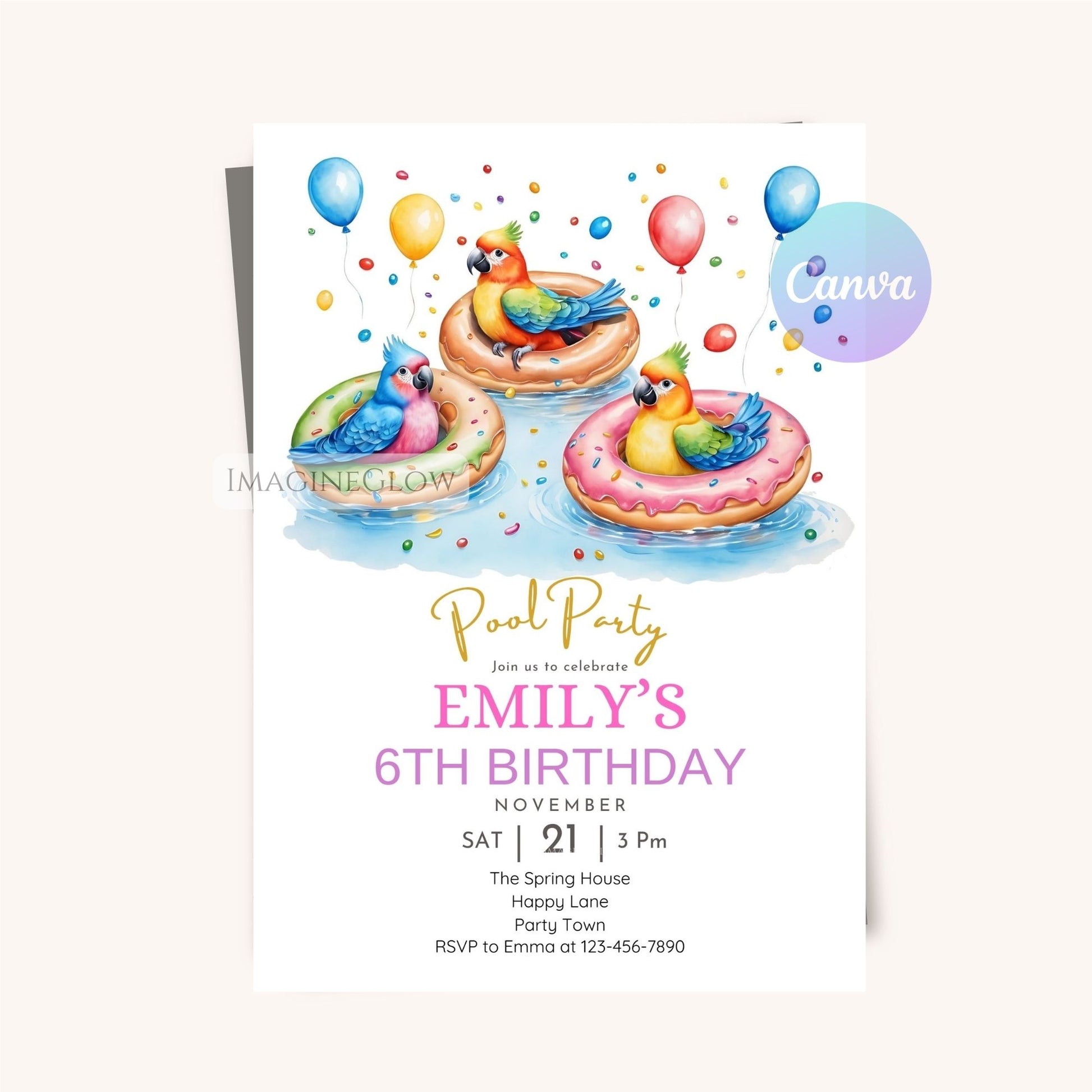 Colorful bird pool party invite
Fun parrots birthday party template
