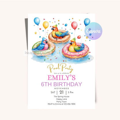 Colorful bird pool party invite
Fun parrots birthday party template
