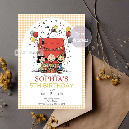 kids snoopy party invite
printable peanuts birthday invitation
