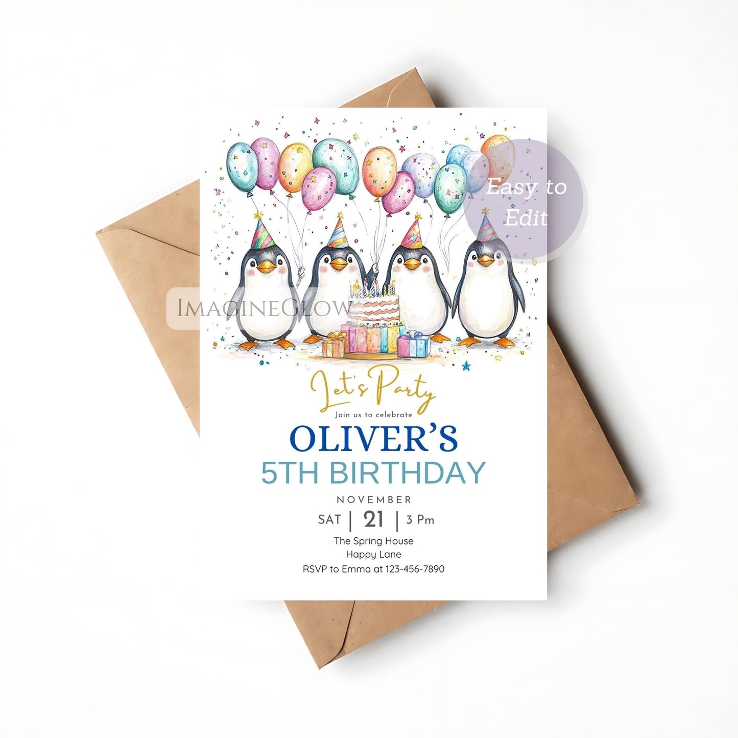 editable penguin invitation printable design
