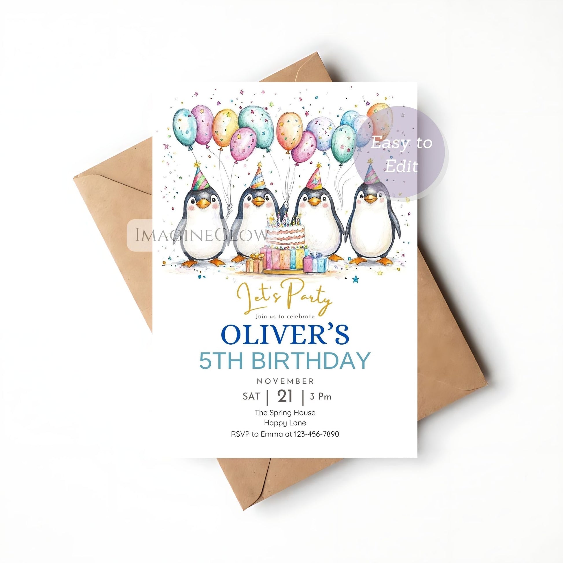 editable penguin invitation printable design
