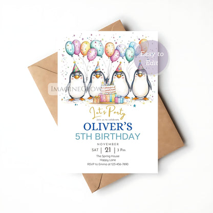 editable penguin invitation printable design
