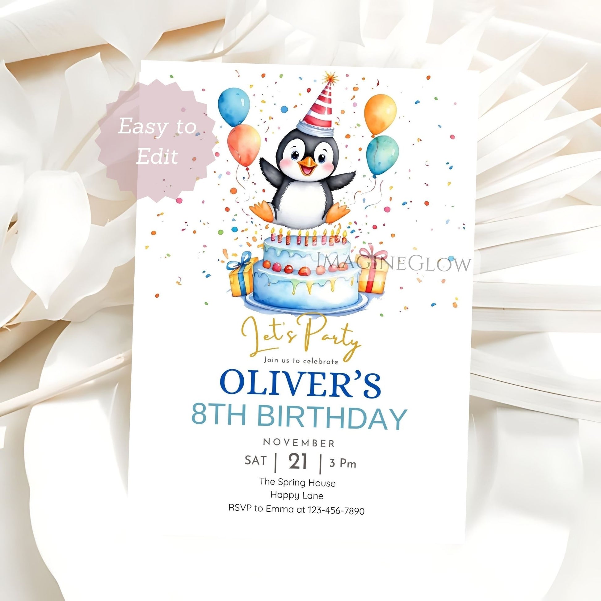editable penguin birthday card template
