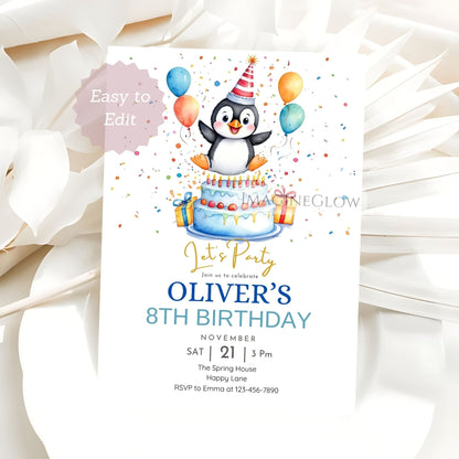 editable penguin birthday card template
