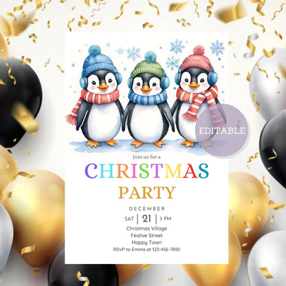 Penguin Christmas party invitation with festive holiday design.

