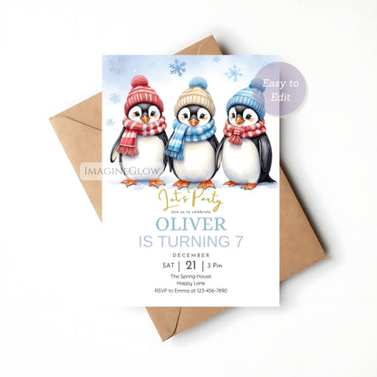Birthday invitation card with penguins wearing winter hats and scarves, placed on a white background.