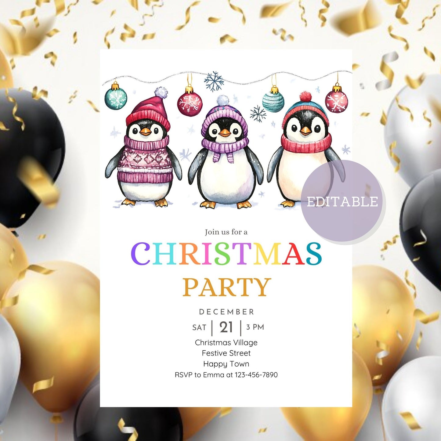 Printable holiday invite featuring vibrant penguins for winter parties.
