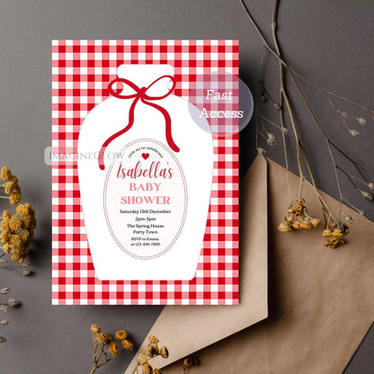 Baby shower invitation with red checkered border and bow on a gray background