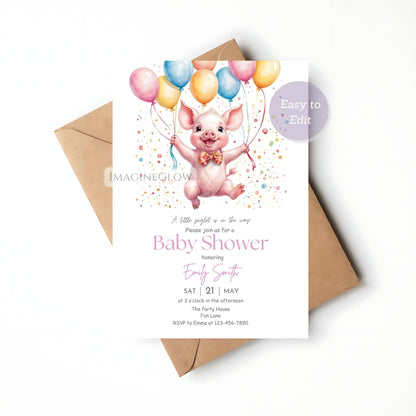 Cute pig-themed baby shower invitation perfect for a rustic shower
