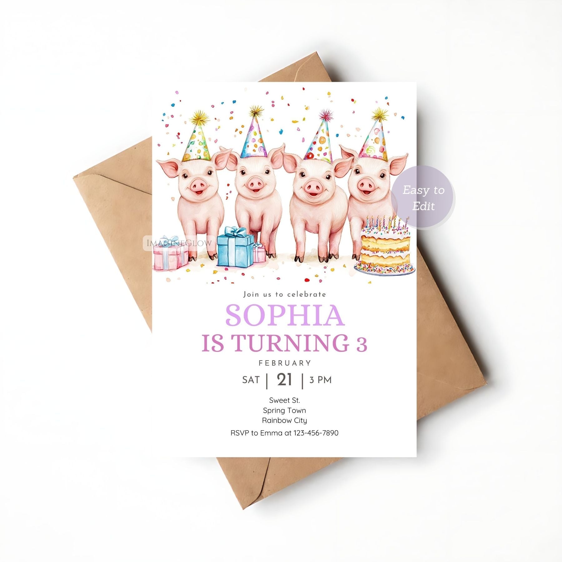 Editable piglet birthday invite for kids
