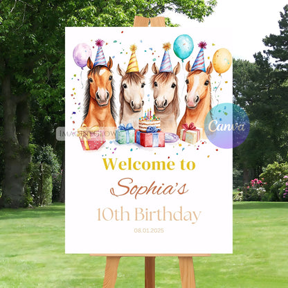 Birthday sign with horses and party decorations on a stand outdoors
