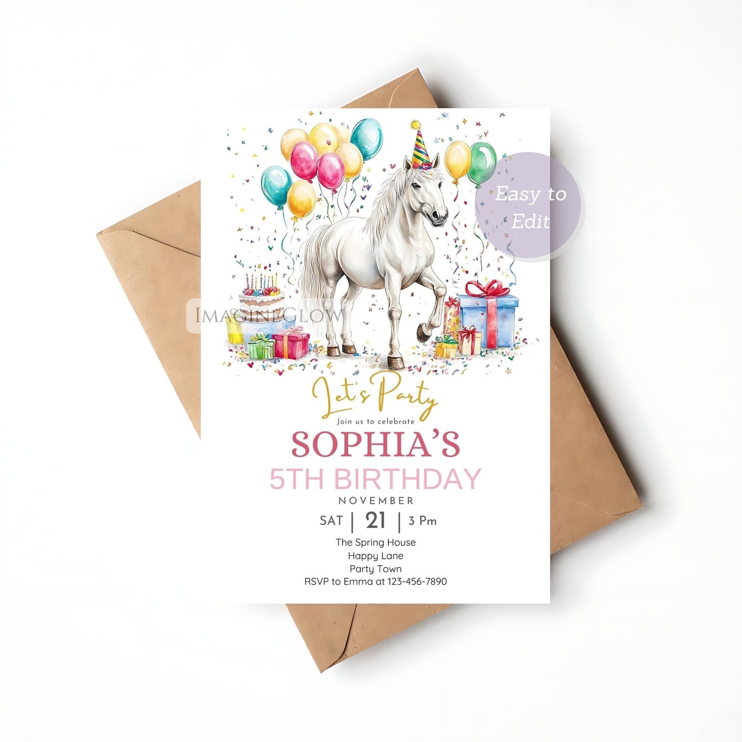 White pony birthday invitation template
Canva editable horse party card
