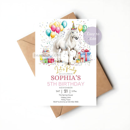 White pony birthday invitation template
Canva editable horse party card
