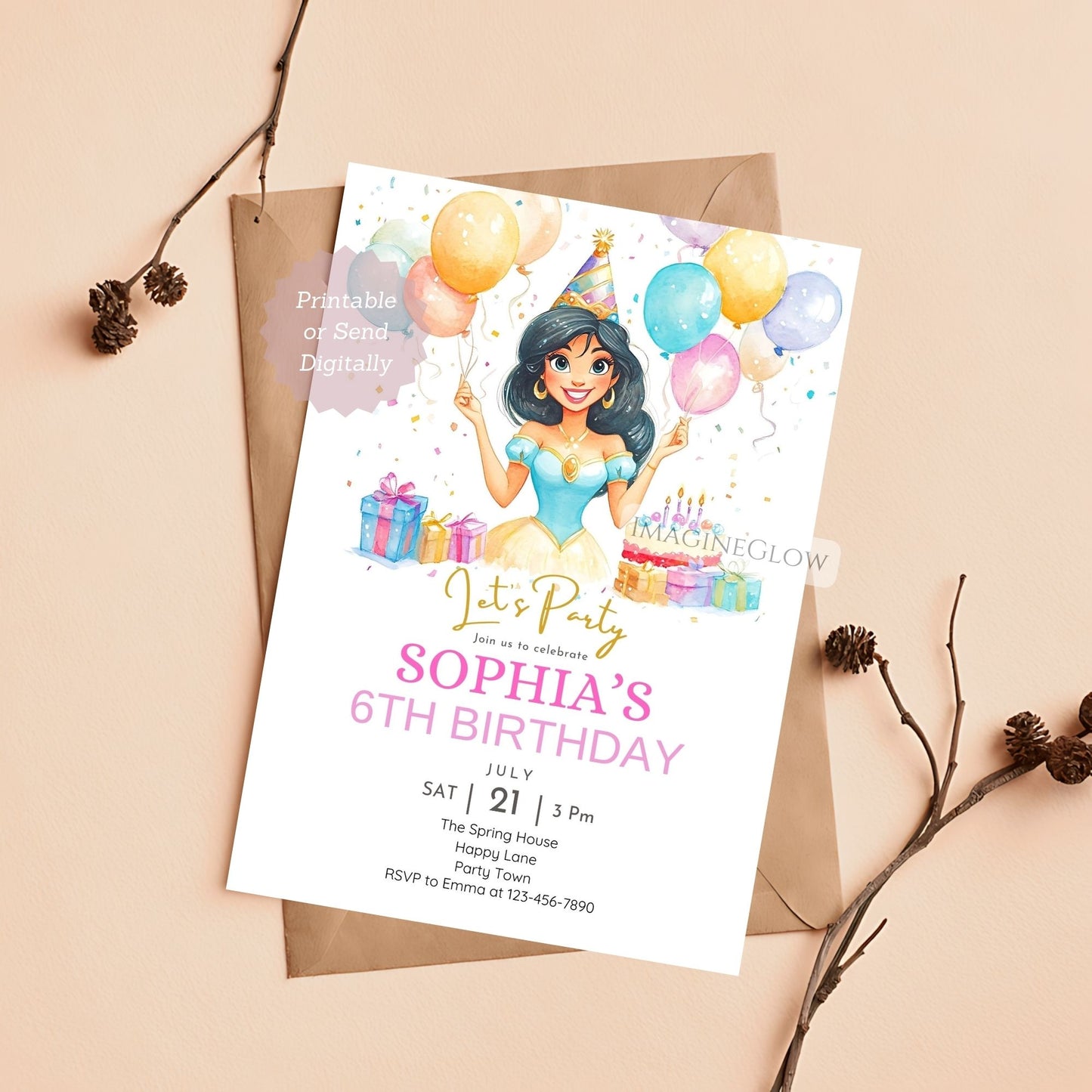 Digital Princess Jasmine invite for a royal birthday party

