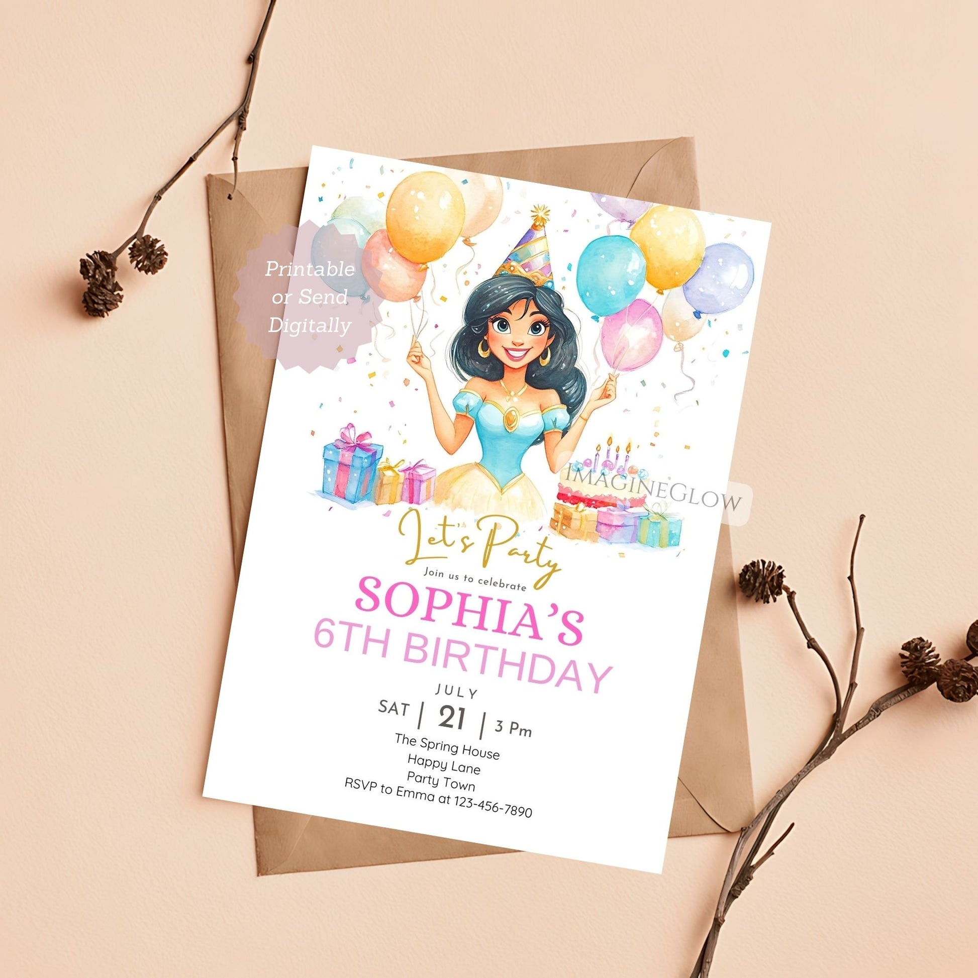 Digital Princess Jasmine invite for a royal birthday party
