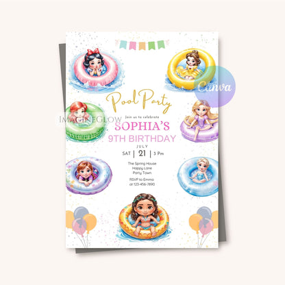 princess pool party birthday invitation
elsa anna swim birthday party invite
