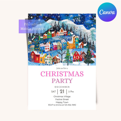 Editable Christmas party invite featuring a festive holiday village.
