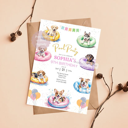 puppy pool party birthday invitation
dog themed summer birthday invite


