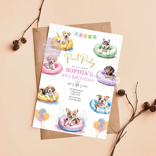 puppy pool party birthday invitation
dog themed summer birthday invite


