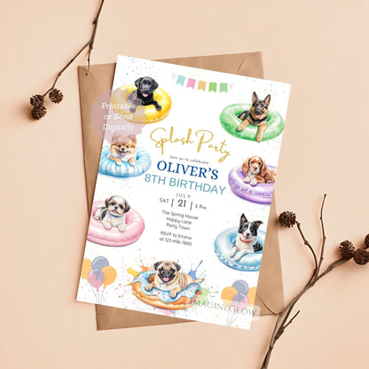 editable dog swim party card
cute puppy poolside invitation
