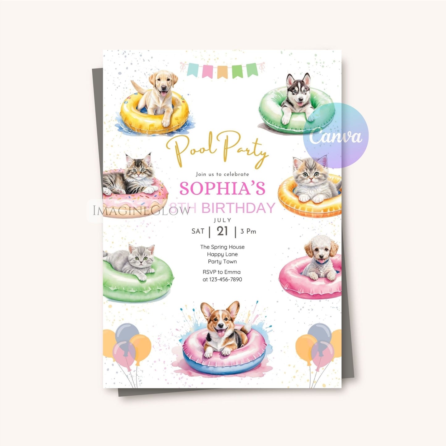 puppy and kitten tropical birthday party card
fun dog and cat birthday invite summer theme
