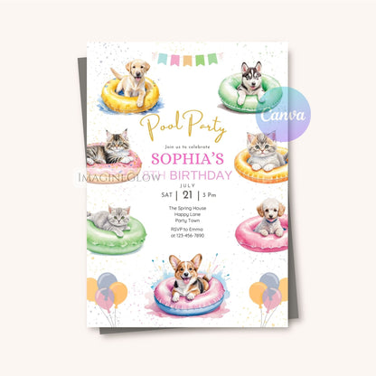 puppy and kitten tropical birthday party card
fun dog and cat birthday invite summer theme
