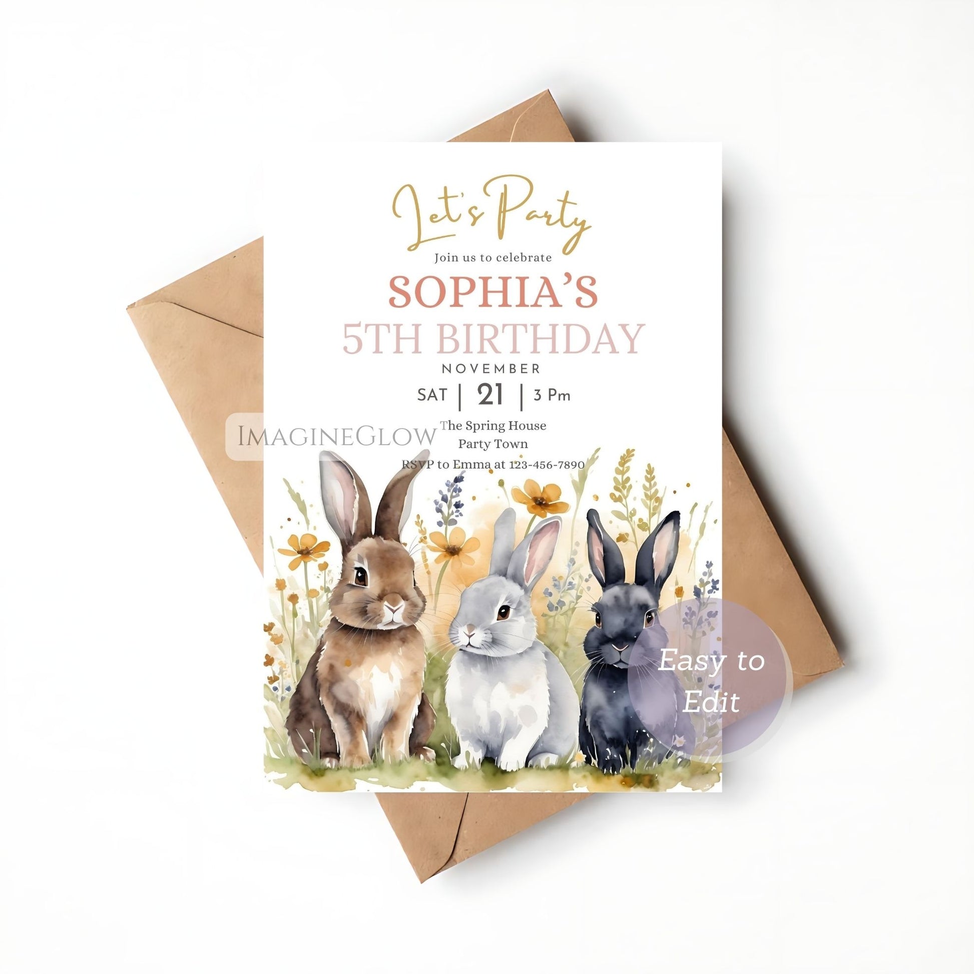 wildflower bunny birthday invitation
spring rabbit birthday card
