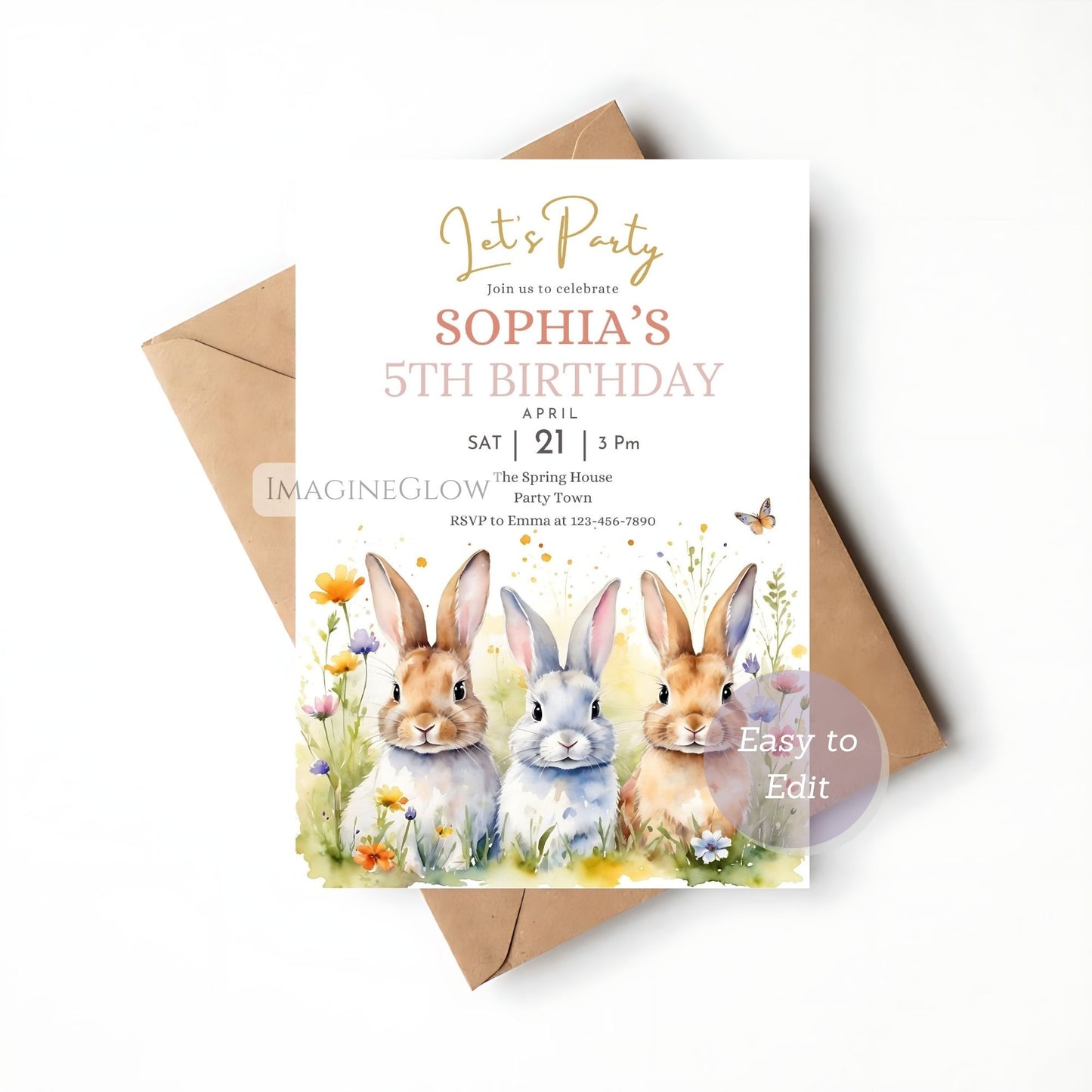 editable rabbit party invite
wildflower bunny birthday invitation
