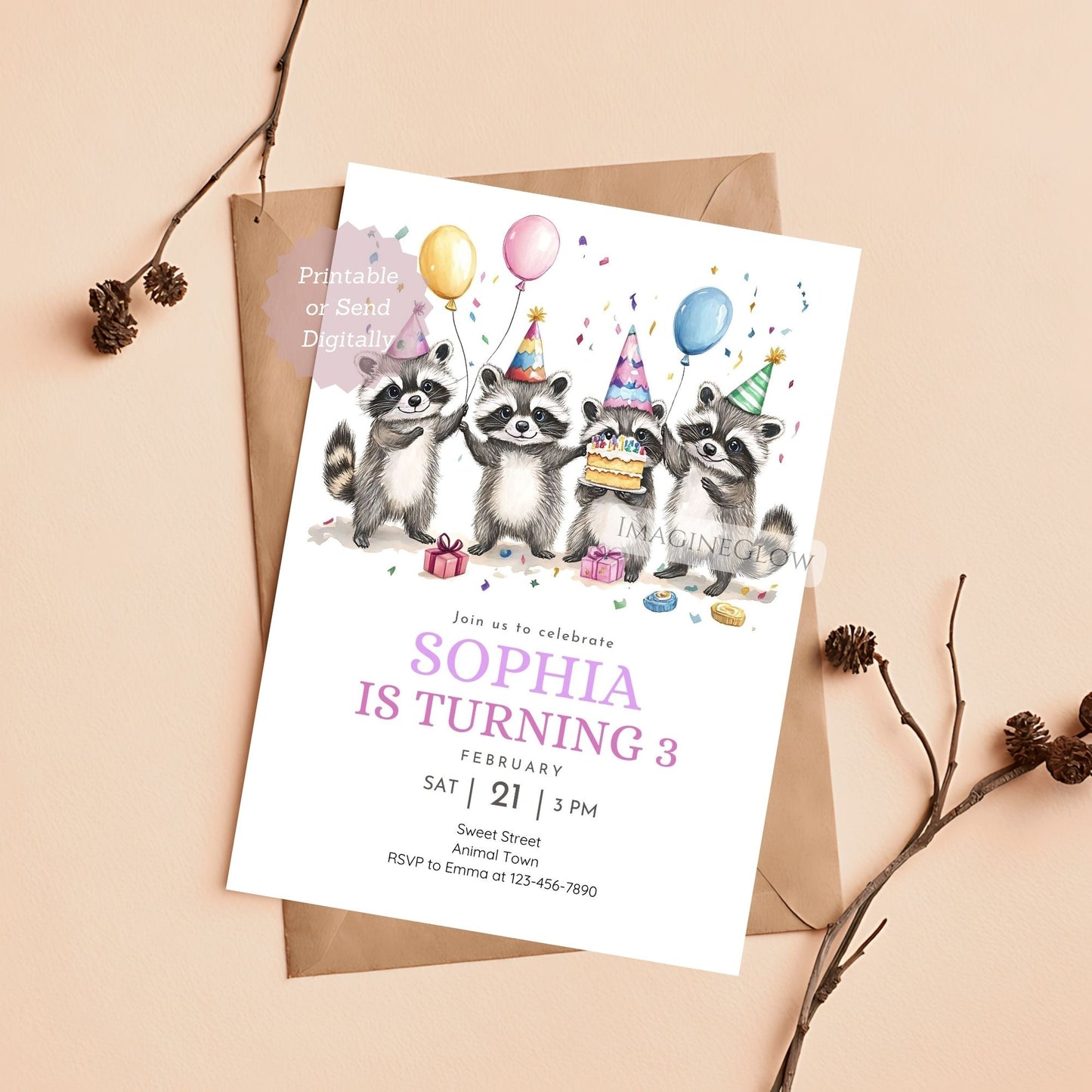 Raccoon Birthday Invitation - Woodland Animal Party Invite