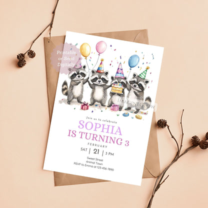 Raccoon Birthday Invitation - Woodland Animal Party Invite