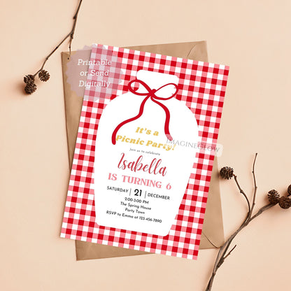 Invitation card with red checkered border and bow on a beige background