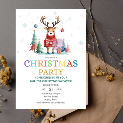 Reindeer Christmas party invitation with festive holiday design.

