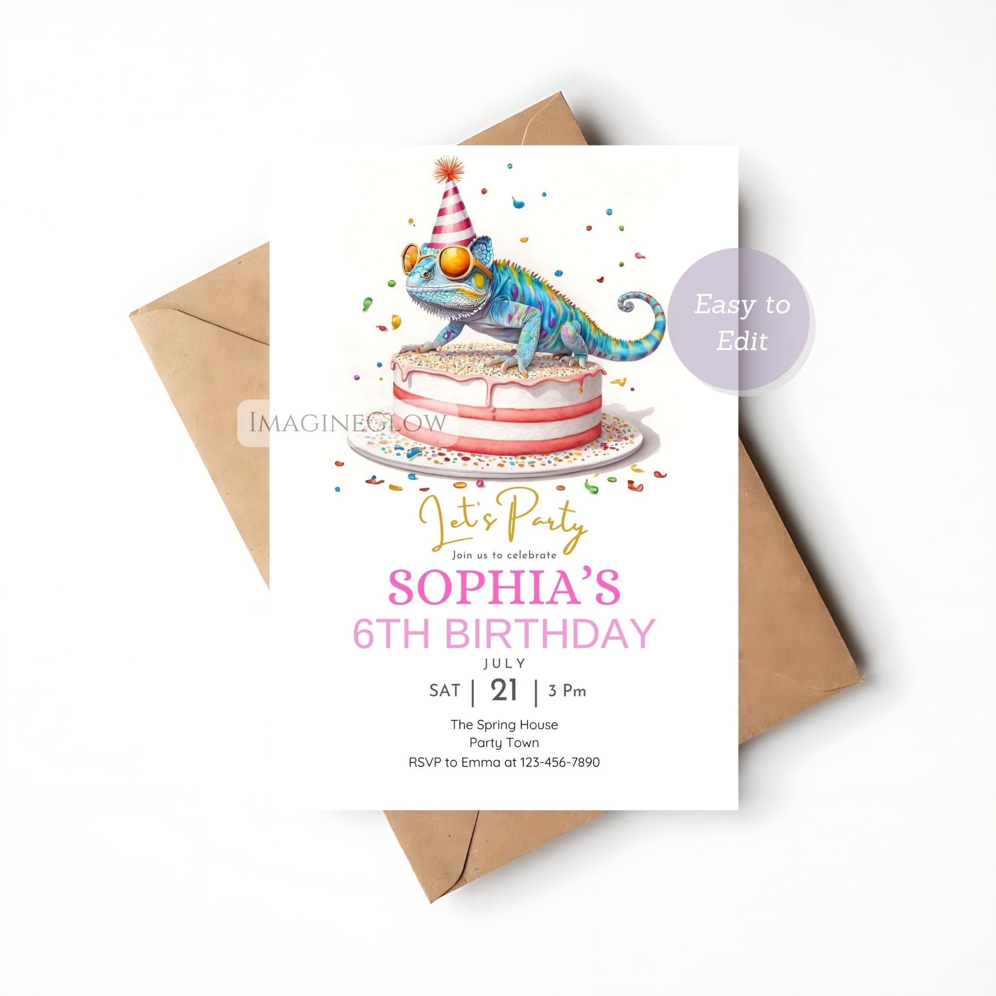 editable chameleon party evite
fun reptile birthday invite
colorful lizard party template

