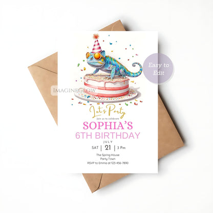 editable chameleon party evite
fun reptile birthday invite
colorful lizard party template
