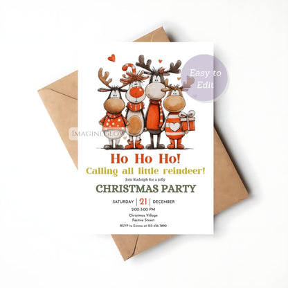 holiday reindeer editable invitation card
festive rudolph christmas party invitation
