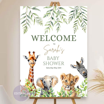 Baby shower welcome sign with safari jungle animals and greenery design.
