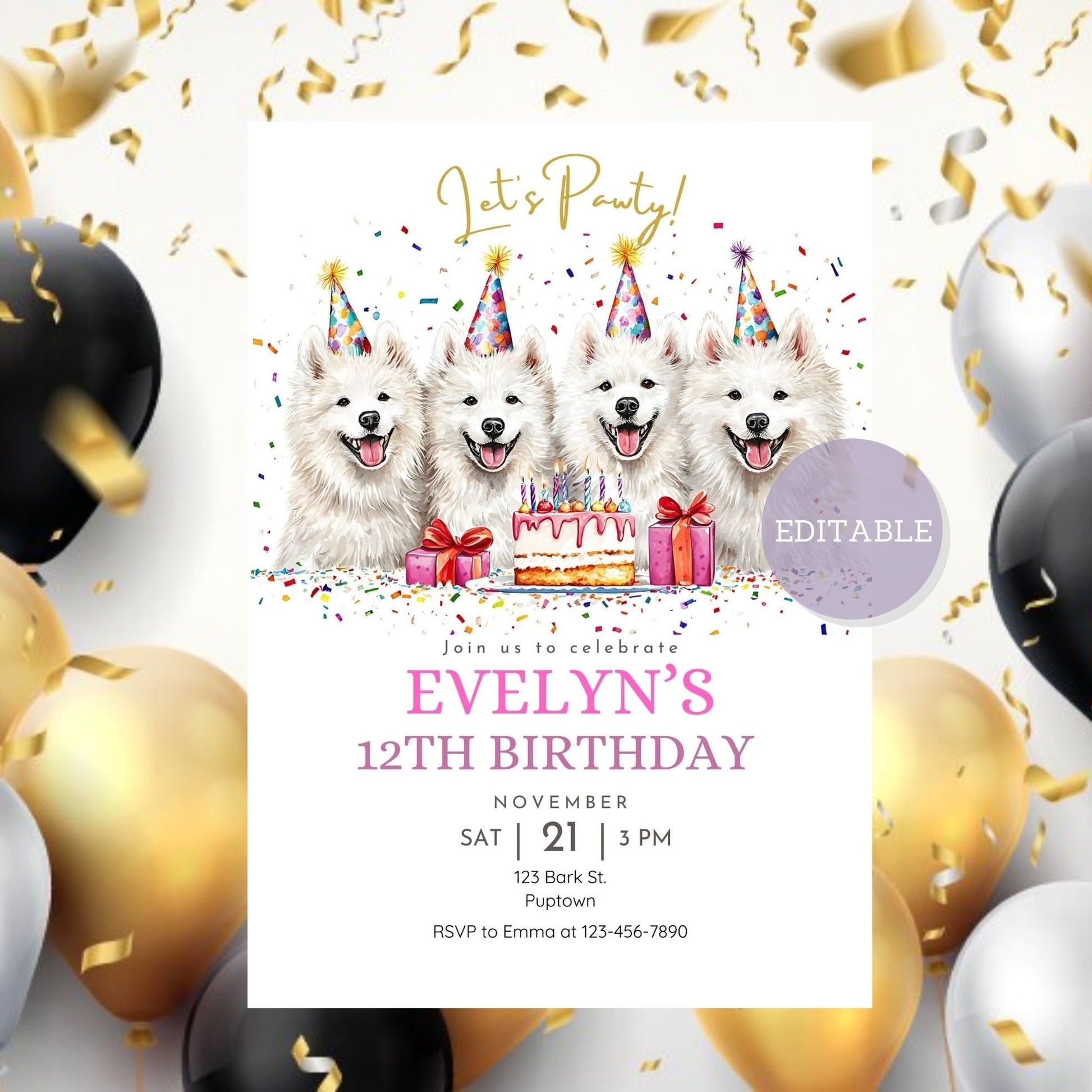 Customizable dog party card with cute Samoyed design.