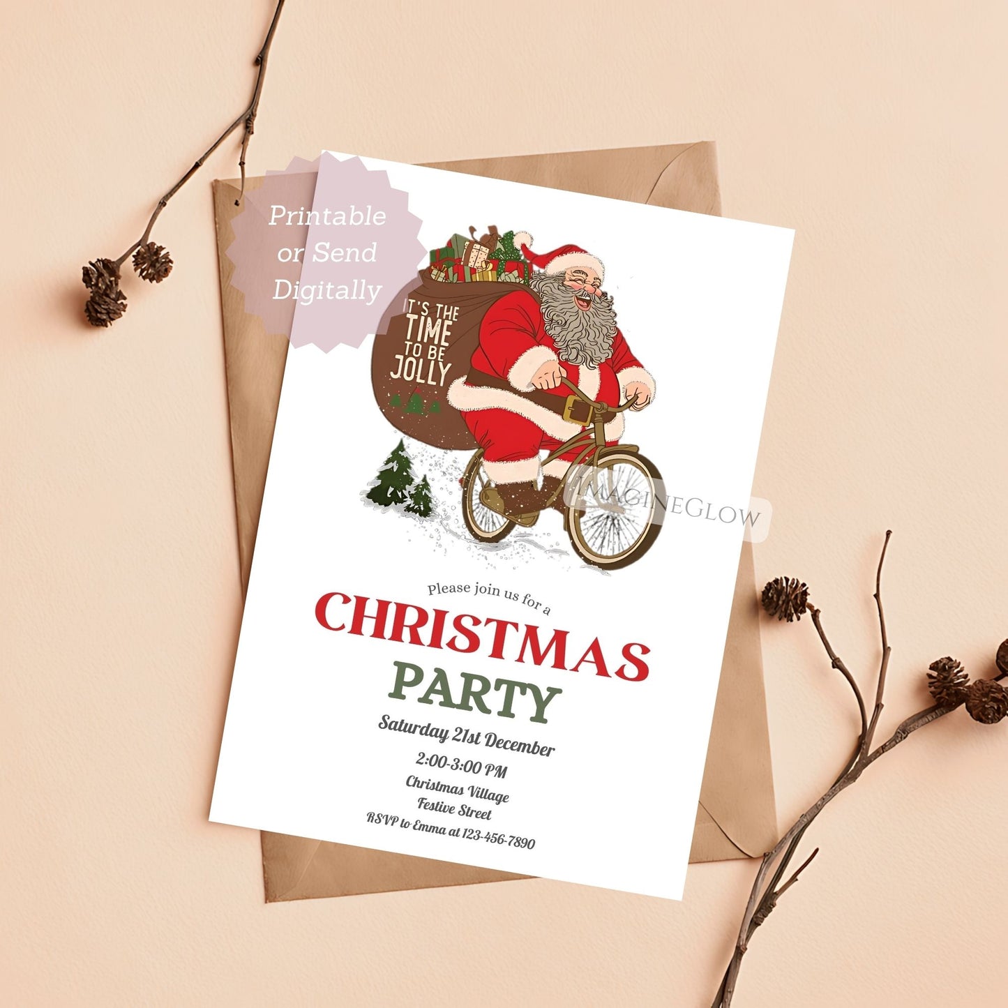 Christmas party invitation with Santa Claus on a bike, envelope, and decorative branches on a beige background.