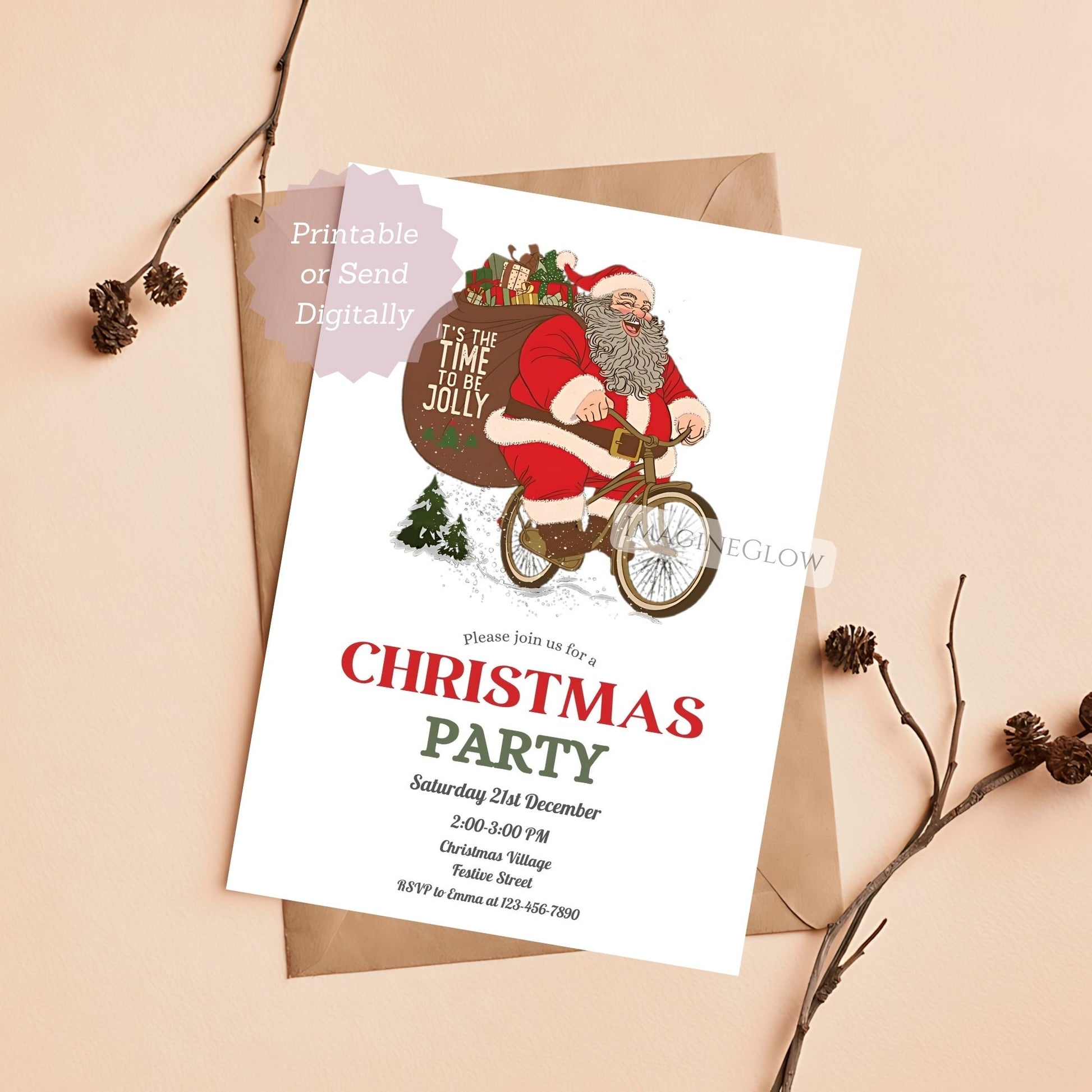 Christmas party invitation with Santa Claus on a bike, envelope, and decorative branches on a beige background.