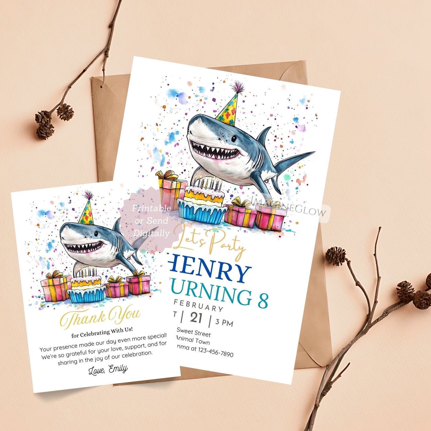 Shark birthday invitation and thank you card ocean theme
Editable shark birthday invitation with matching thank you card
