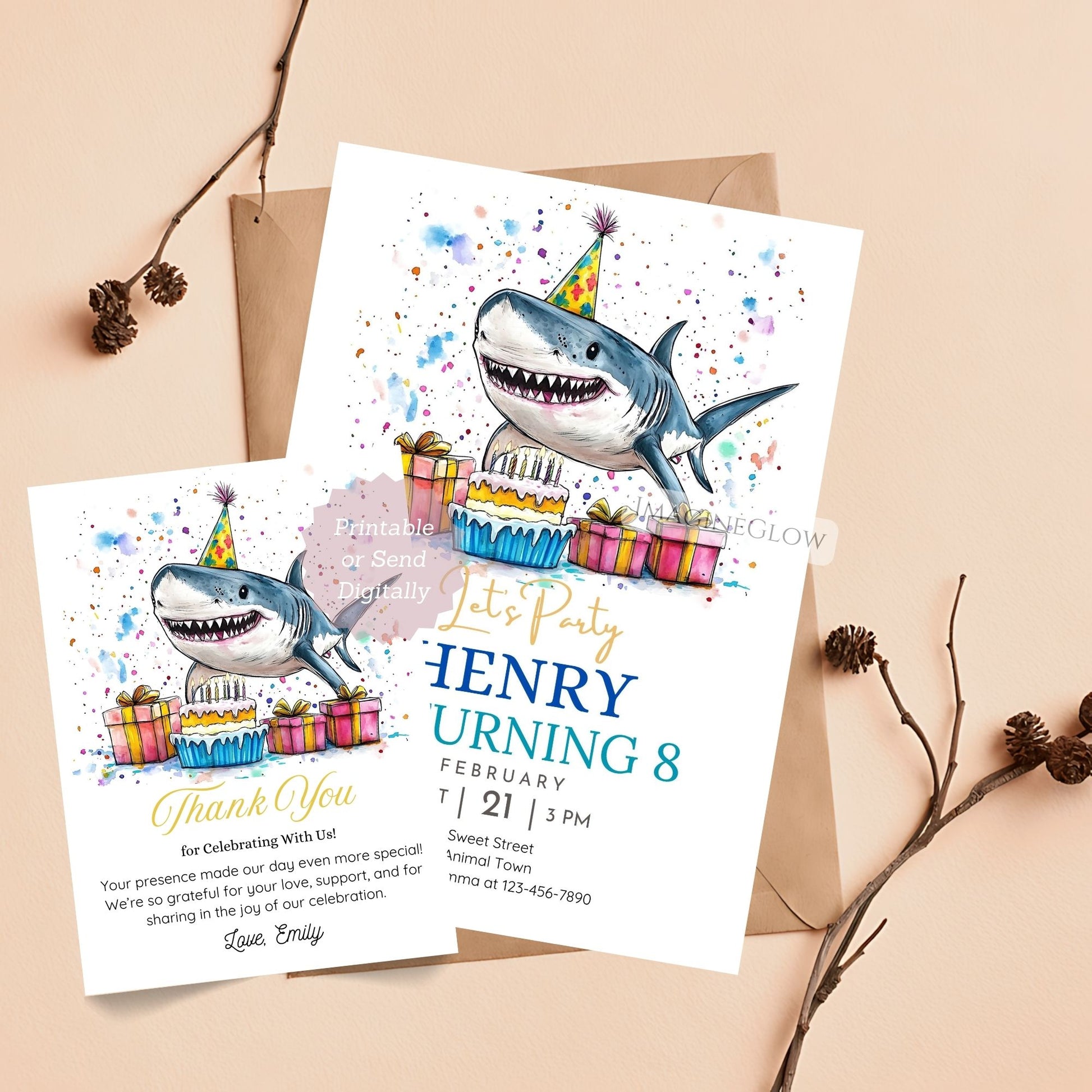 Shark birthday invitation and thank you card ocean theme
Editable shark birthday invitation with matching thank you card
