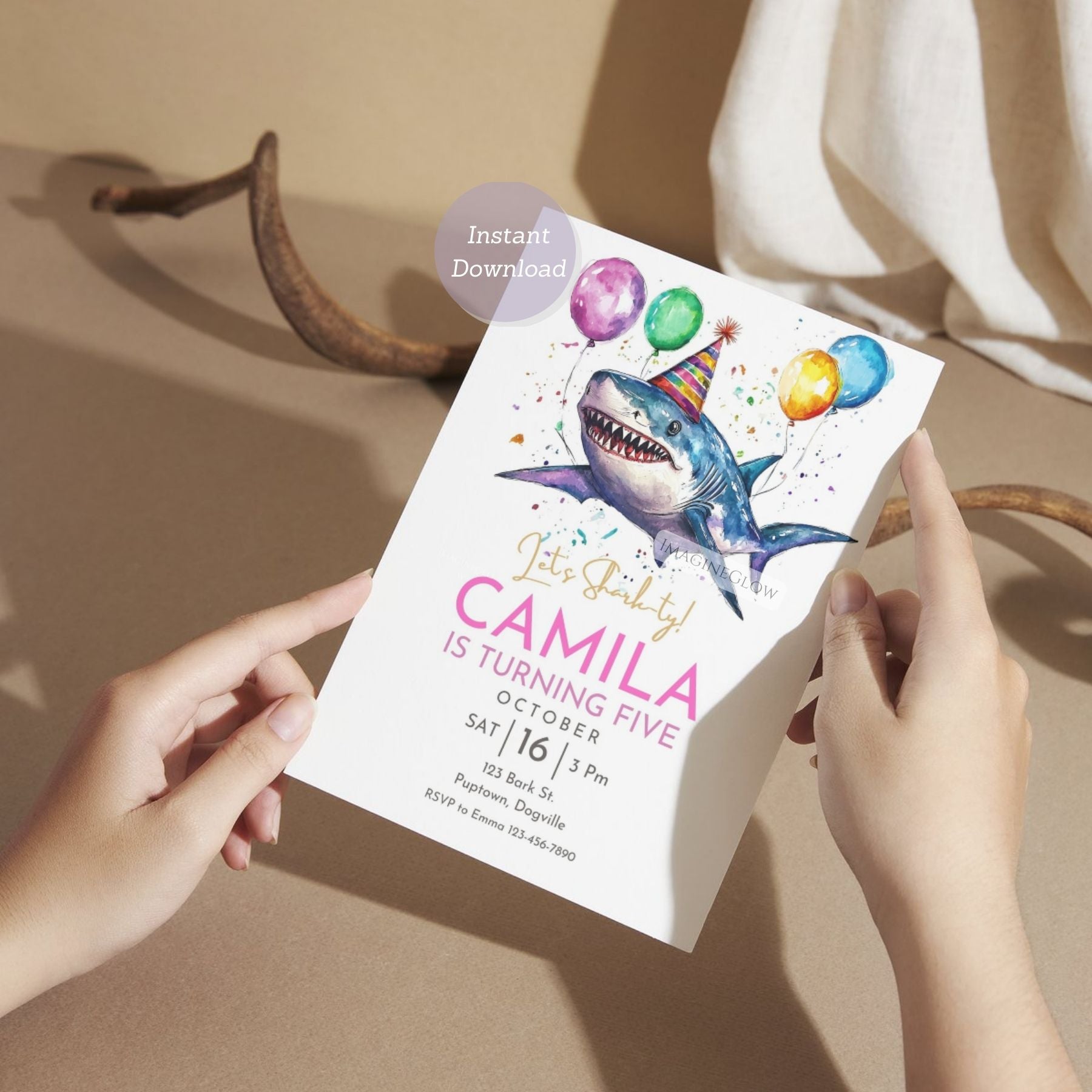 Shark birthday party invitation with colorful balloons
