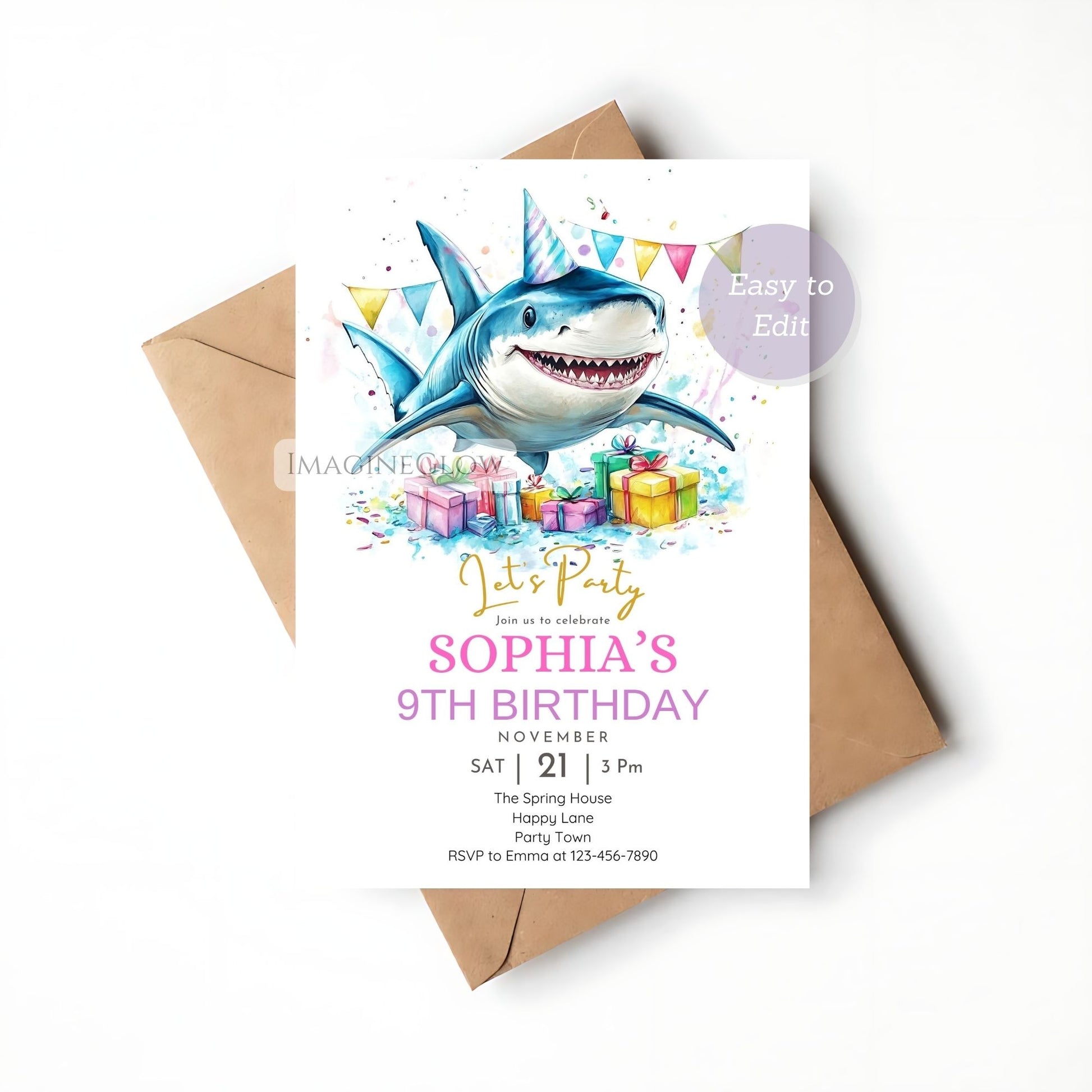 Under the sea shark birthday invitation digital download
